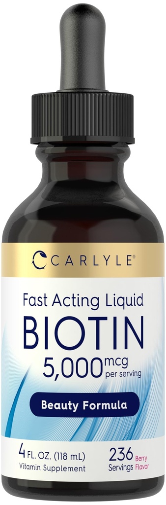 Carlyle Biotin 5000mcg Liquid Drops Mex124; 4 fl oz; for kvinder og mænd Mex124; Berry Flavor Mex124; Beauty Formel 124; Vegetar, Non- GMO & Gluten Free Supplement