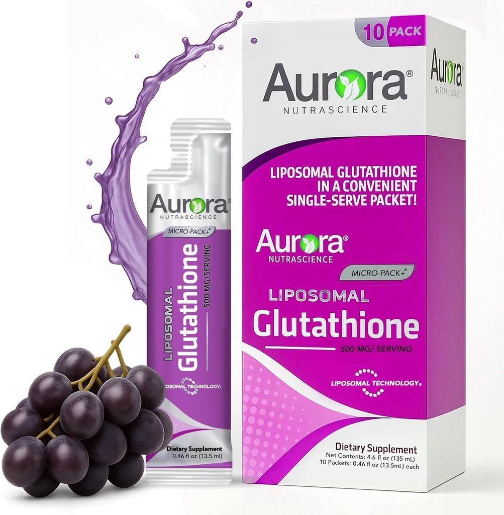 Aurora Nutrascience Micro- Liposomal Liquid Glutathion, Immunum & Antioxidant Gut Health Support, 500 mg per servering, Gluten Free, Non- GMO, Sugar- Free, 10 Single- Serve Pakninger