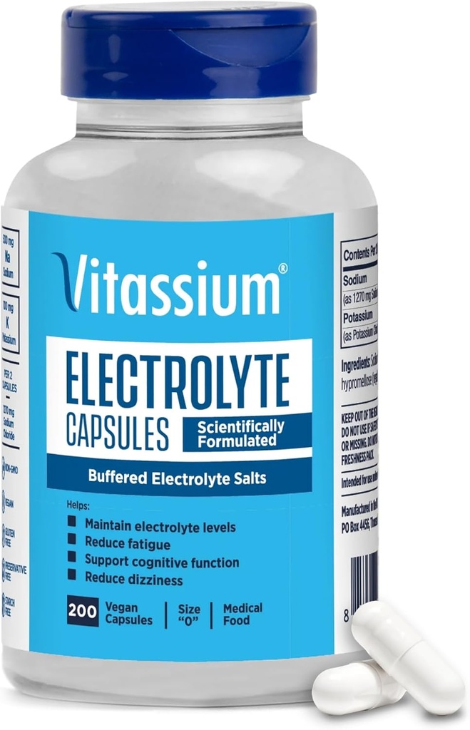 Vitamin Electrolyte Kapsler, Elektrolyte til Forvaltning af POTS og højnatriumdiæter (500 mg natrium - 100 mg kalium), Ikke aromatiseret, 200 saltpiller (størrelse 0)