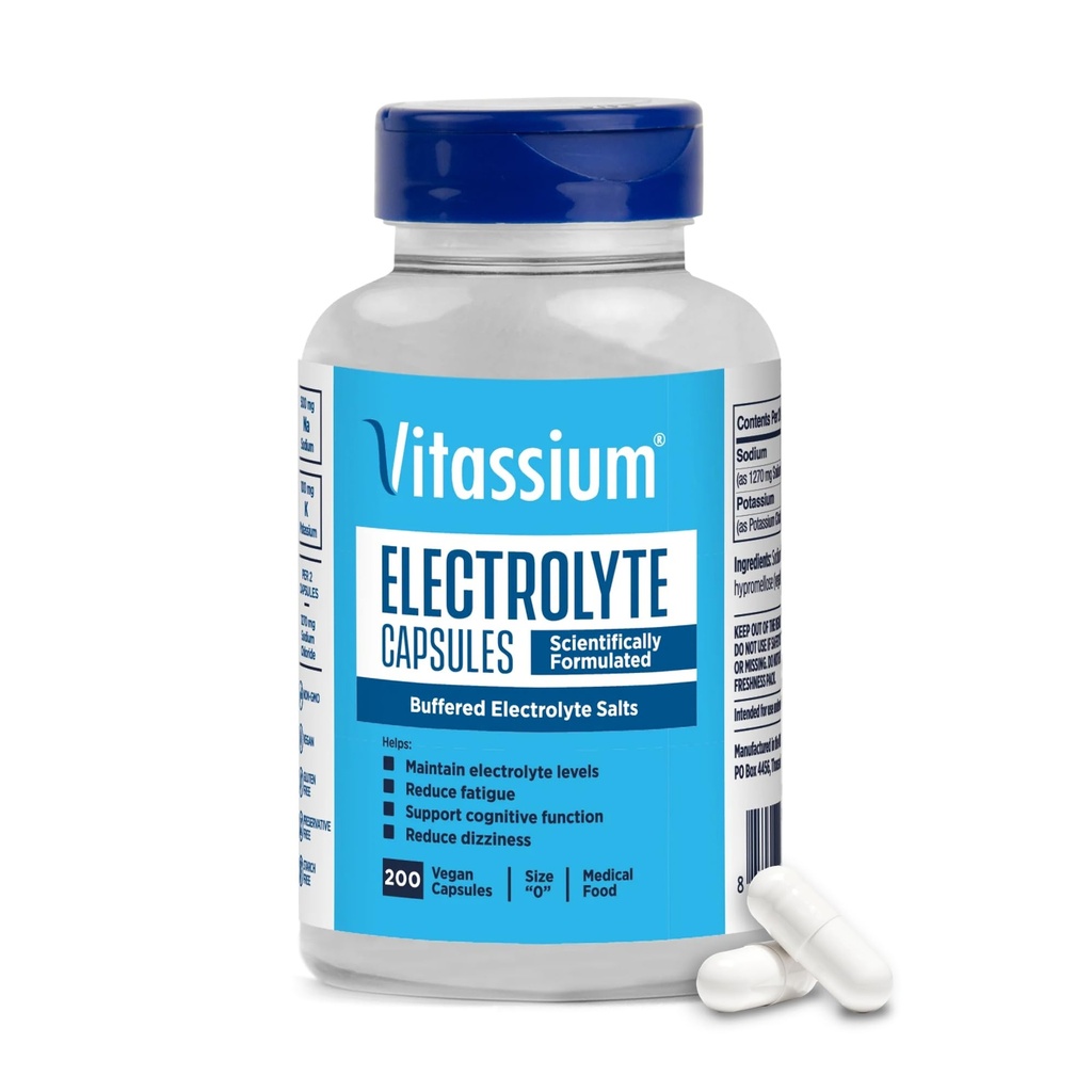 Vitamin Electrolyte Kapsler, Elektrolyte til Forvaltning af POTS og højnatriumdiæter (500 mg natrium - 100 mg kalium), Ikke aromatiseret, 200 saltpiller (størrelse 0)