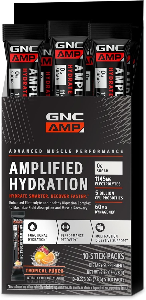 GNC AMP Amplified Hydration Electrolyte Powder Drink Mix 124; Enhanced Electrolyte & Sund fordøjelse Complex