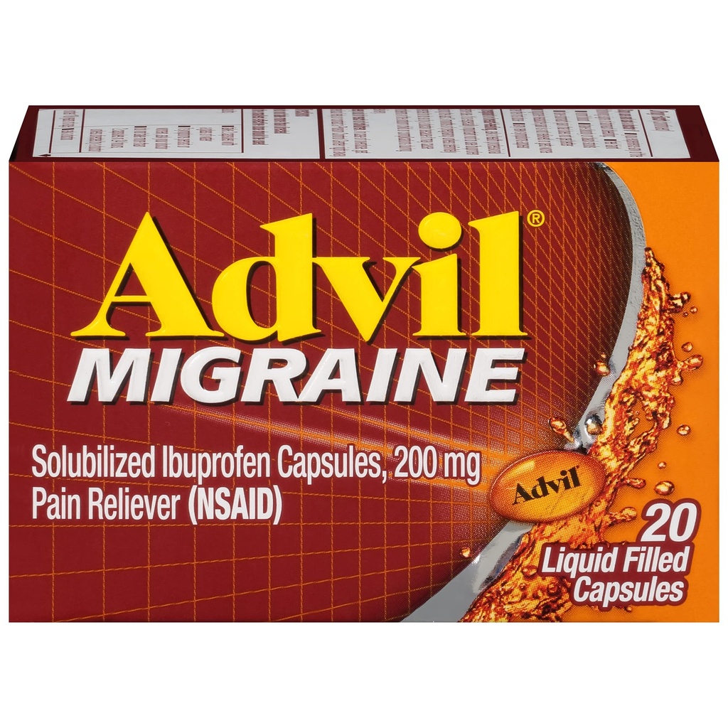 Advil Migræne Hovedpine Relief, Ibuprofen Kapsler med Ibuprofen 200 mg til Migræne Relief, Kvalme Relief og Lysfølsomhed Relief - 20 Væskefyldte Kapsler