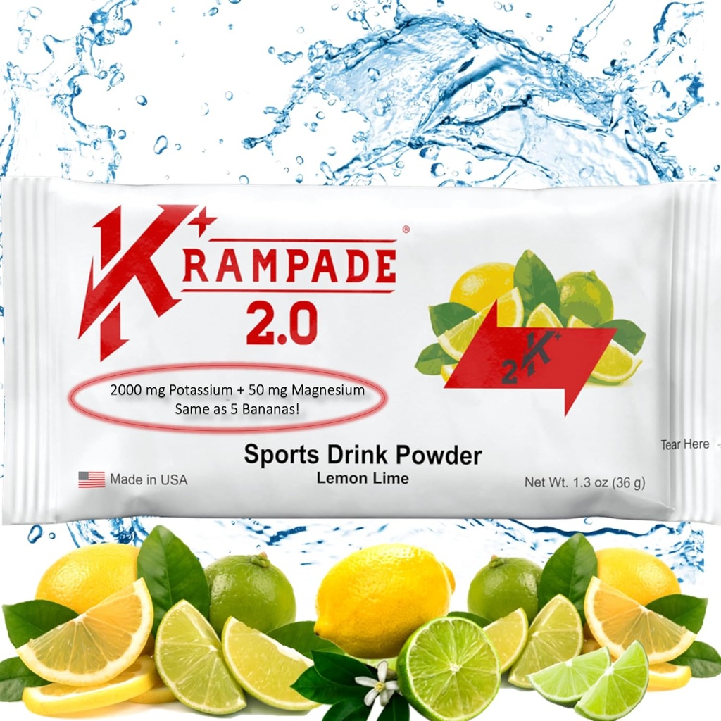 Krampade Kalium Magnesium Supplement Elektrolyter Pulver - 50 mg Mag + 2000 mg K, > 2X mere end kokos vand