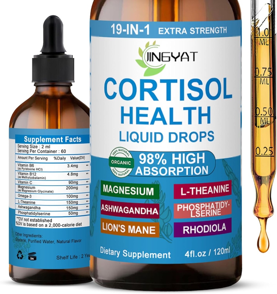 Cortisol Kosttilskud til kvinder - Cortisol Support Liquid Drops til Hormone Balance, Mood, Focus - Liquid Cortisol Health w / Magnesium, L- Theanine, Ashwagandha, Omega-3 - Non- GMO, 2 Måned Supply