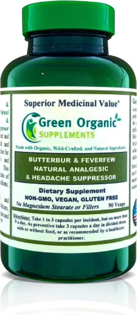 Grøn Økologisk Kosttilskud Butterbur, Feverfeel, Analytisk, Painkiller, & Hovedpine Suppressor, 90 VCaps, Høj Absorberbar, Non- GMO, Gluten- Free (pakke med 1)