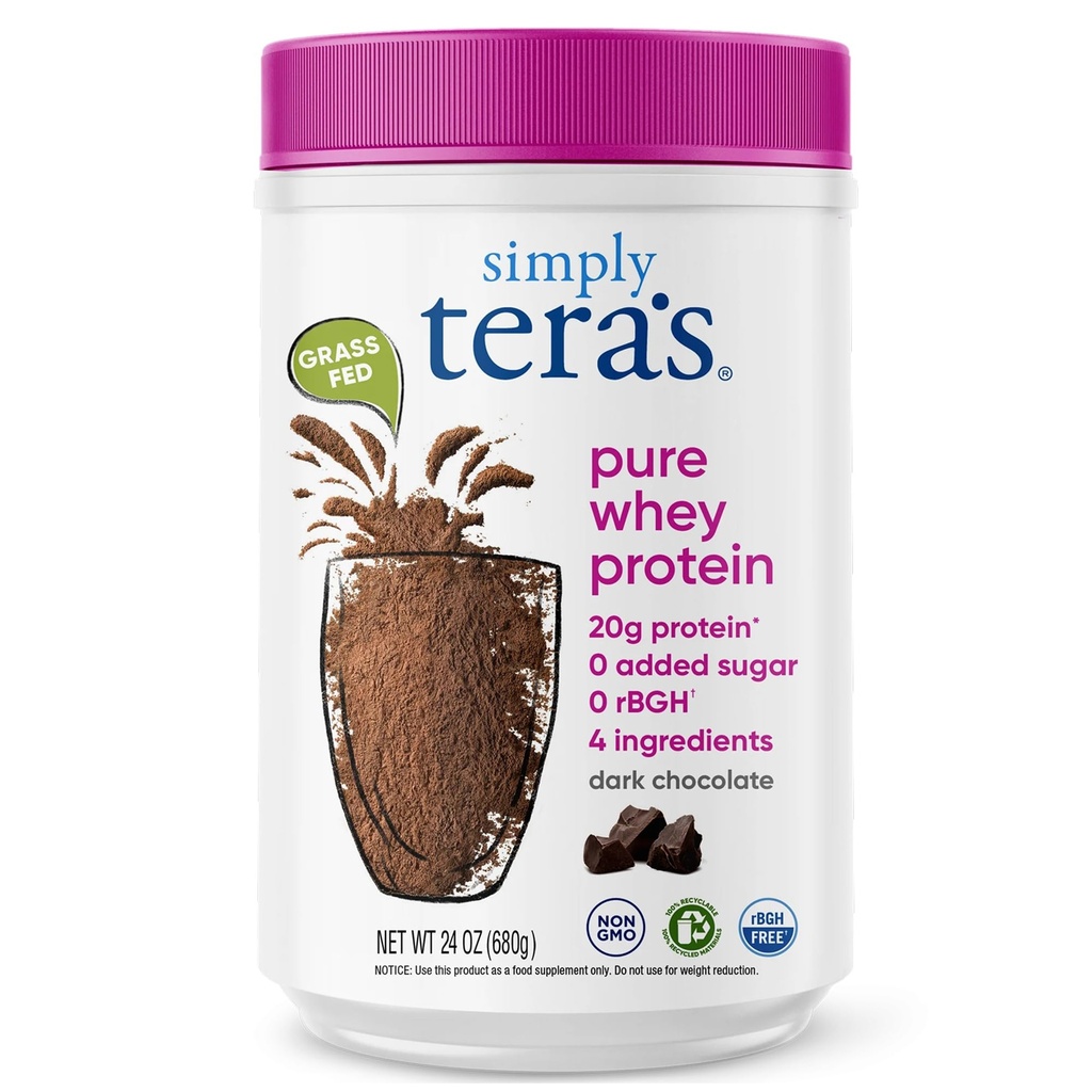 simpelthen tera 's Pure Whey Protein Powder - Dark Chocolate Clean Protein Powder, Grass Fed Whey Protein Powder uden kunstige sødestoffer, Clean Label, Non- GMO, Kosher, rBGH-Free - 24 Oz