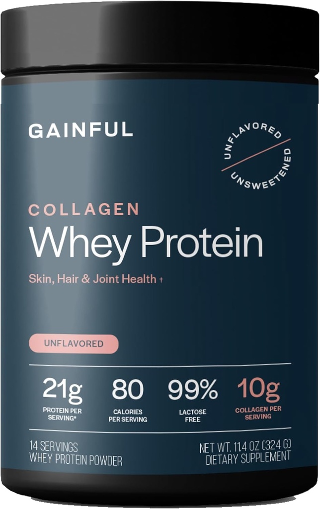 Gainful Collagen Whey Protein Powder, 21g Protein per servering, Unflavored, Understøtter muskel Inddrivelse, fælles sundhed, og hud hydrering med Grass- Fed Collagen Peptider, C-vitamin, 14 Servere