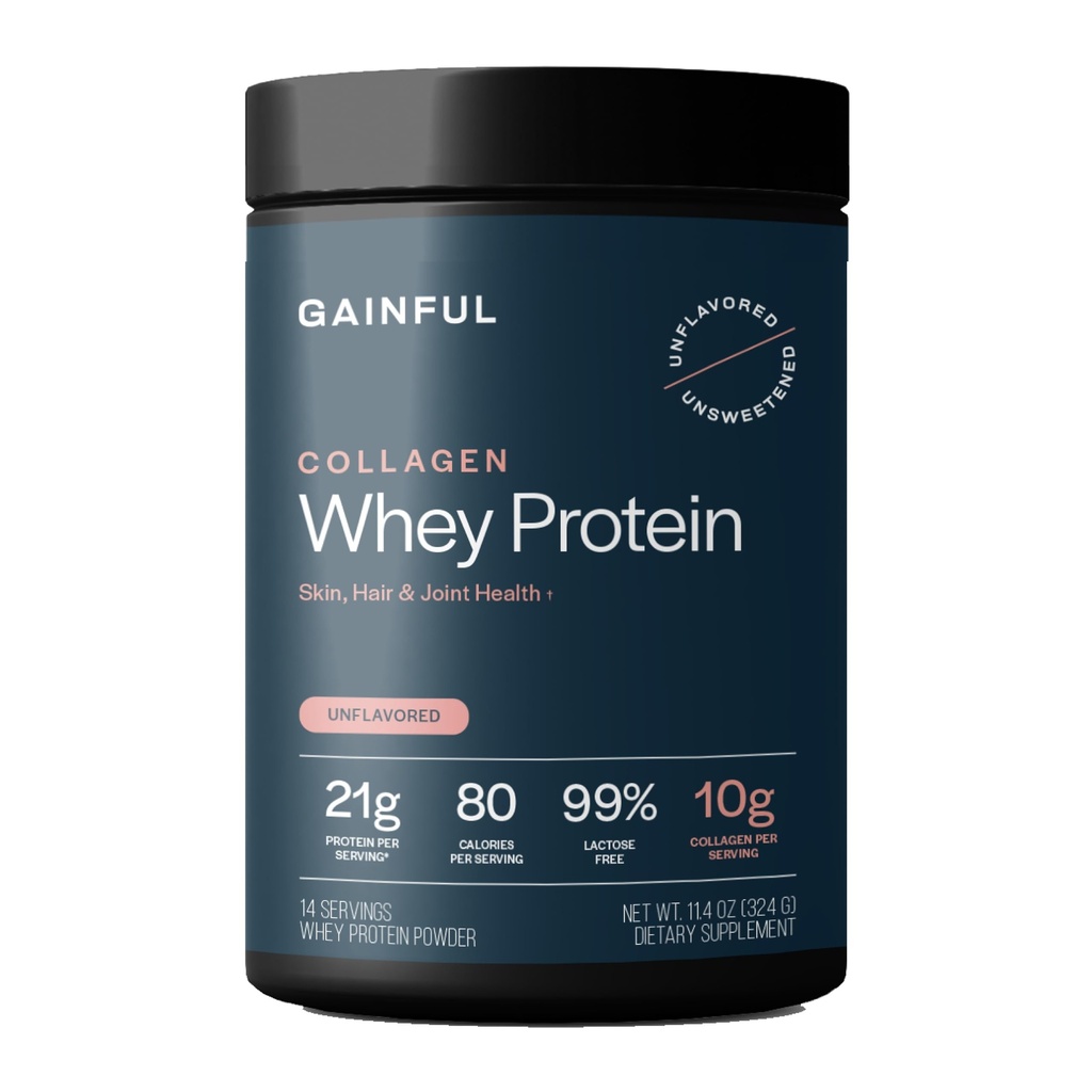 Gainful Collagen Whey Protein Powder, 21g Protein per servering, Unflavored, Understøtter muskel Inddrivelse, fælles sundhed, og hud hydrering med Grass- Fed Collagen Peptider, C-vitamin, 14 Servere