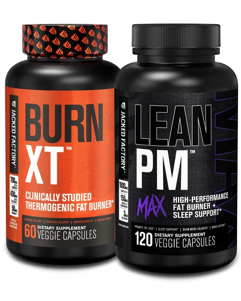 Jacked Factory Burn- XT Klinisk undersøgt termogene vægttab (60 kapsler) - Lean PM MAX dvalehjælp (120 kapsler) til Appetite suppression (180 kapsler)
