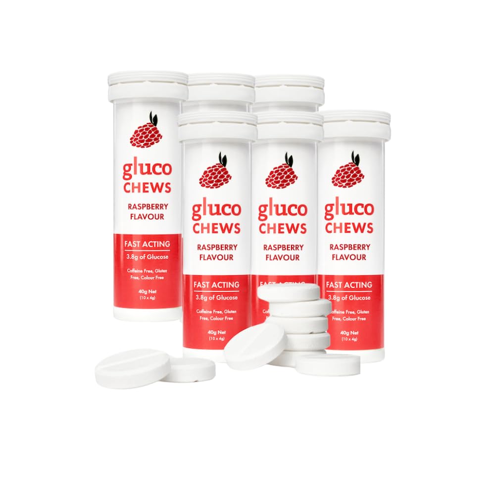 Glukoser Hindbær Glucose tabletter - 60 tabletter (10 per rør, 6 Pocket- Sized Tubes) - 3,8g Fast- Fungerende Glucose hver - Øger energi - Gluten- Free, Fat- Free, Caffe- Free