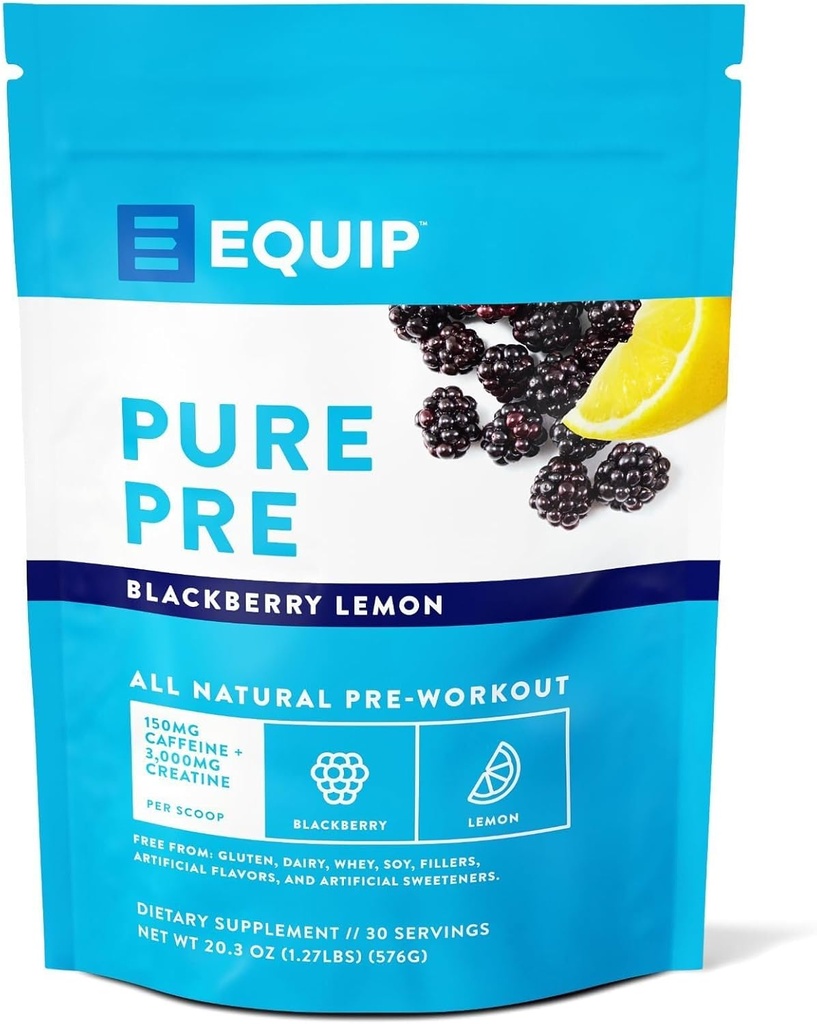 Equip Foods Pure Pre All Natural Pre-Workout Powder | Green Tea Caffeine, Sea Salt, EAA, Vitamin C, B6, B12, L-carnitine, Agnine | Naturally Boosts Workouts | 30 Servings, BlackBerry Lemon Caffeinated