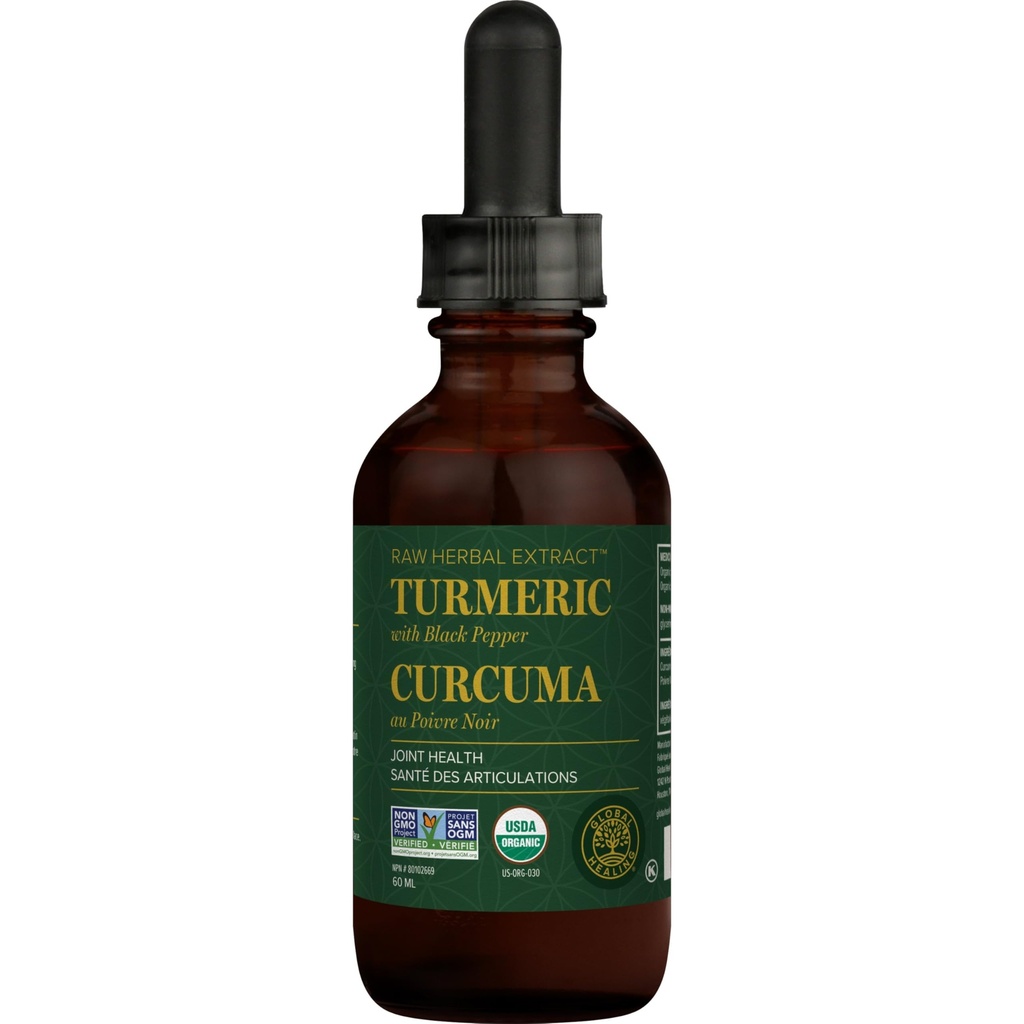 Global Healing Organic Gurkemeje Curcumin Supplement med Black Pepper Extract Liquid Drops til støtte fælles mobilitet Relief og fordøjelsessundhed Multi gurkemeje Supplement- 2 Fl Oz