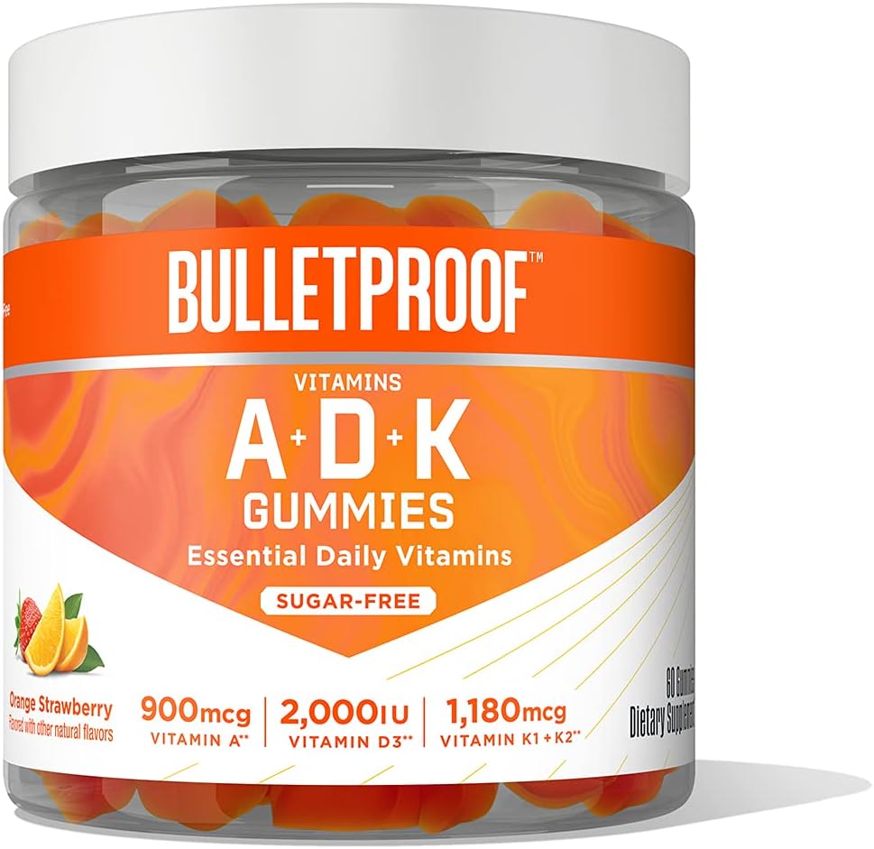 Bulletproof Sugar- Free Orange Strawberry Vitamin A + D + K Gummies, 60 Greve, Keto Supplement for hjerte, ben og immunforsvar, Ny og forbedret formel og tekstur, Packaging May Vary