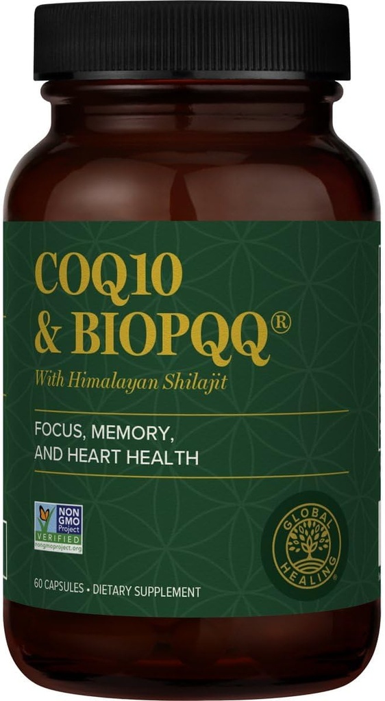 Global Healing Center CoQ10 & BioPQQ med Pure Himalayan Organic Shilajit- Antioxidant Care for Heart & Brain Health, Mitokondria Energy Optimizer for Mænd & Women- Coenzym Ubiquinone 150mg, 60 kapsler