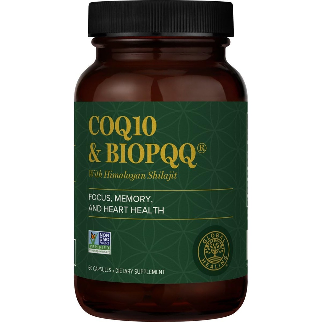 Global Healing Center CoQ10 & BioPQQ med Pure Himalayan Organic Shilajit- Antioxidant Care for Heart & Brain Health, Mitokondria Energy Optimizer for Mænd & Women- Coenzym Ubiquinone 150mg, 60 kapsler