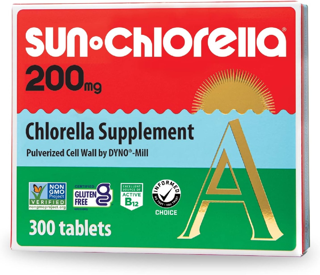 Sun Chlorella 200 mg Green Algae Superfood Supplement - Pulveriseret Cell Wall - Chlorophyll, CGF, Active B12, Iron, Protein - Non- GMO - 300 Tabletter