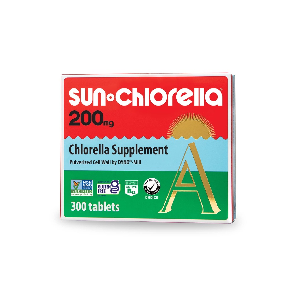 Sun Chlorella 200 mg Green Algae Superfood Supplement - Pulveriseret Cell Wall - Chlorophyll, CGF, Active B12, Iron, Protein - Non- GMO - 300 Tabletter