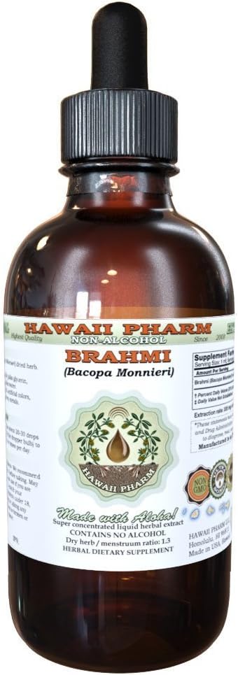 Brahmi Alkohol- Free Liquid Extract, Organic Brahmi Liquid (Bacopa Monnieri) Hele tørret Herb Glycerite Hawaii Pharm Natural Herbal Supplement 2 oz