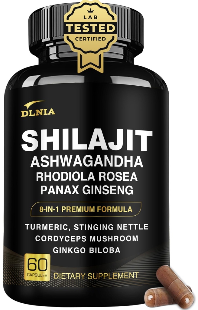 8-in-1 Shilajit for mænd og kvinder med Ashwaganda Himalayan Organic Supplement med Rhodiola Rosea, Ginseng, gurkemeje, Mushroom, for immunforsvar, energi, rolig, fokus, Klarhed, søvn, Cortisol
