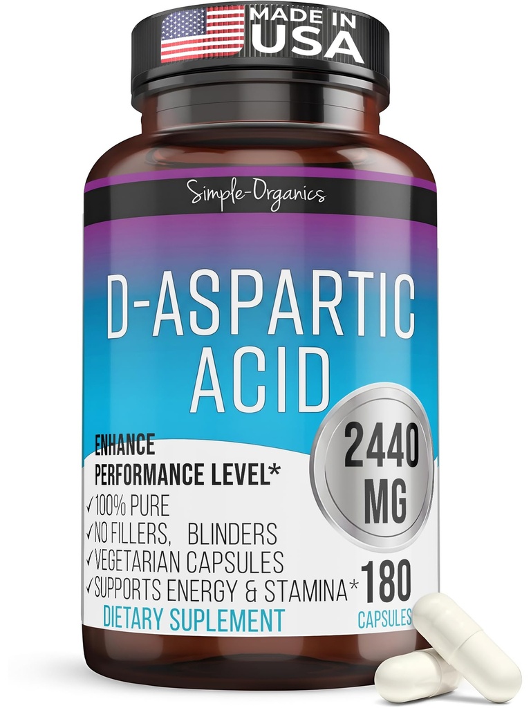 Kaibro Nutra D- Aspartasyre Supplement for mænd, 2440mg D- Aspartasyre per servering, Energi & Testosteron Support, Gluten- Free Non- GMO, 180 Vegankapsler