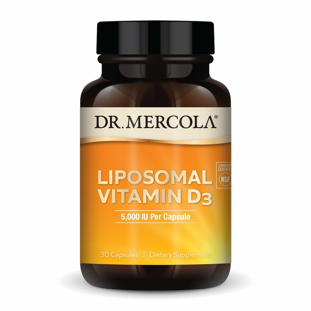 Dr. Mercola Liposomal Vitamin D3 - Understøtter hjerte, ben og immunforsvar - 5.000 IE per servering - Non- GMO, Soy Free & Gluten Free - 30 kapsler (30 Servere)