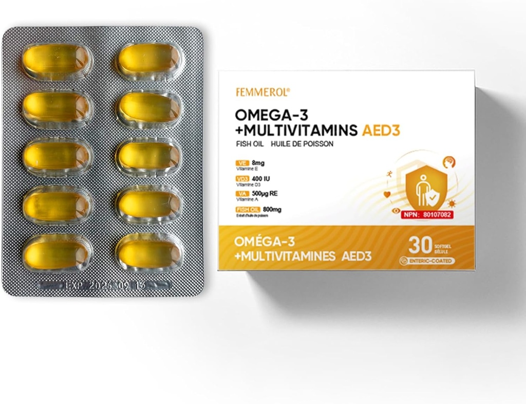 Multivitaminer med Omega-3, Multivitamin til kvinder og mænd, Enteric Coated Fish Oil DHA / EPA med vitamin A, E-vitamin og D3-vitamin til immunfunktion Support (1 Box _ 30 Softgel)