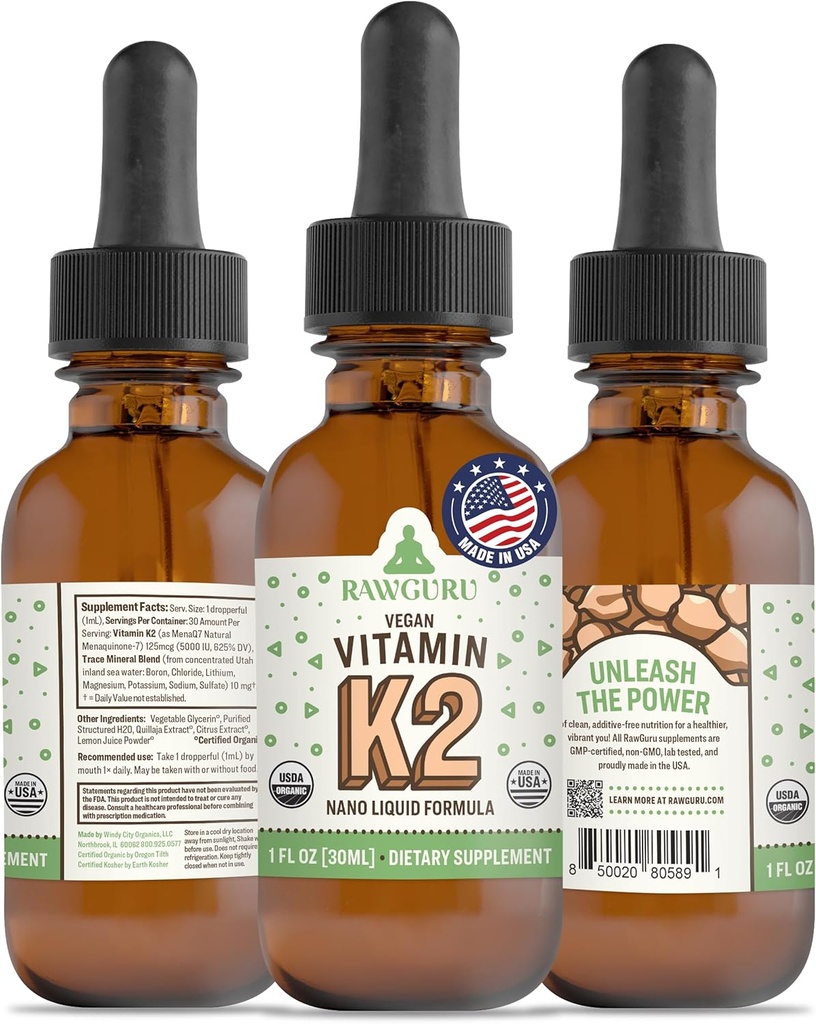 RawGuru Vitamin K2 Supplement - Økologisk Vegansk Vitamin K2 MK7 med Trace Minerals - Nano- Forarbejdede Antioxidant & Immun Support Tinktur - 30 Serveringer af Vegan Drops pr 30 ml, pakke med 1