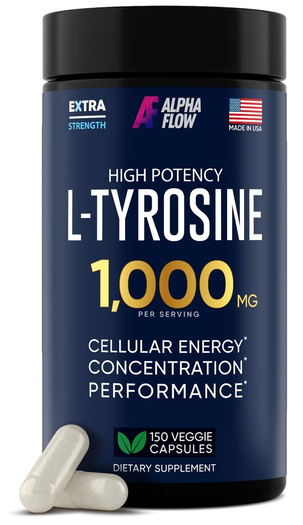 Alpha Flow L Tyrosine 1000MG Capsules - All-Natural L- Tyrosine Supplement for Focus & Energy Boost - Non-GMO & Gluten-Free - Vegan 150 Caps -500mg x 2 per Serving