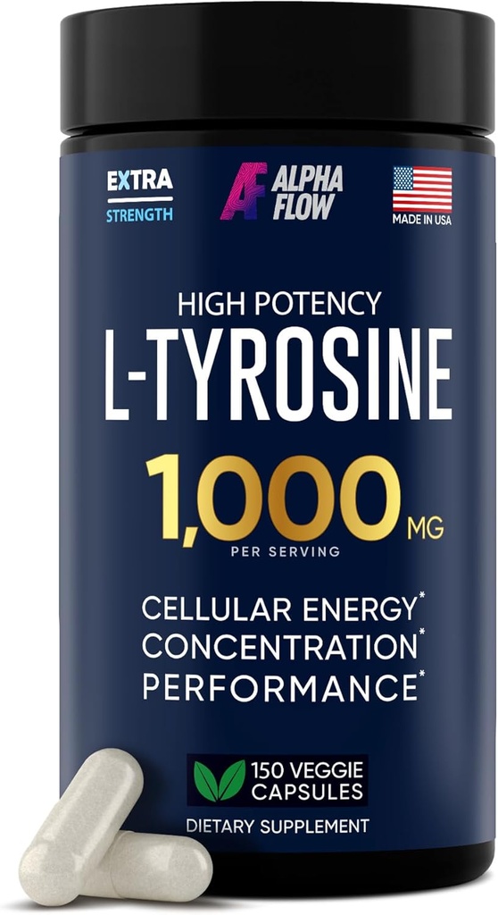 L Tyrosin 1000MG kapsler - All- Natural L- Tyrosin supplement til Focus & Energy Boost - Non- GMO & Gluten- Free - Vegan 150 Caps - 500mg x 2 per servering