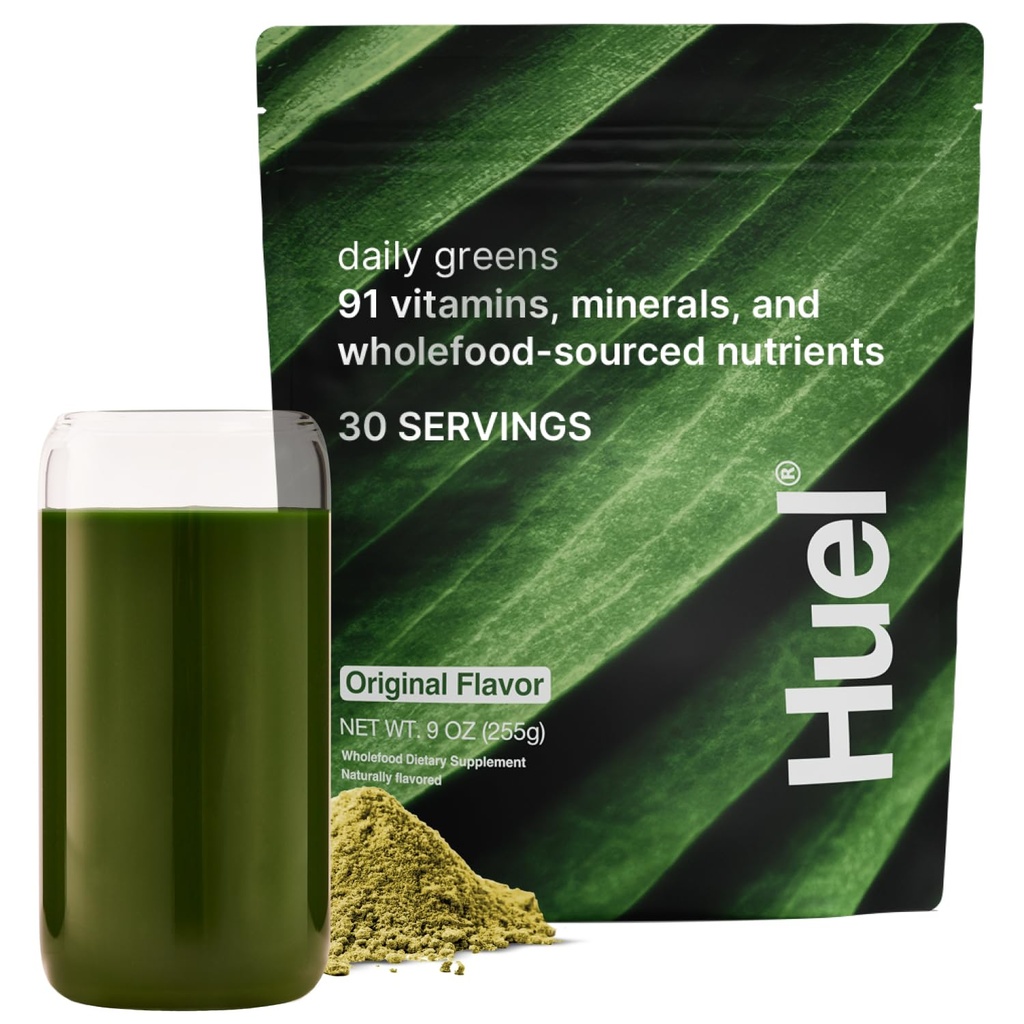 Huel Daily Greens • 124; Superfood • Green • Pulver • 124; 91 Vitamin, Min, og Wholefood • Sourced Ingredienser • 124; Adaptogens • Antioxidanter • Gut- Friendly Probiotics • 124; 30 Servere