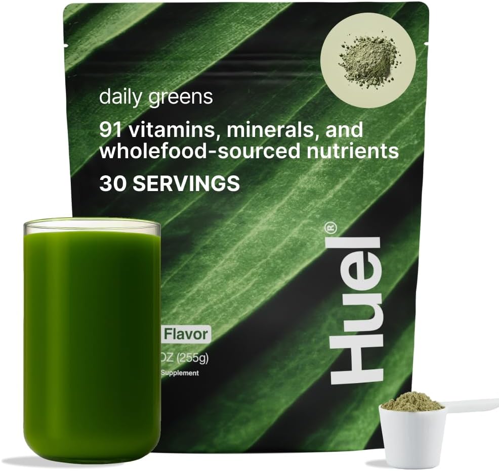 Huel Daily Greens • 124; Superfood • Green • Pulver • 124; 91 Vitamin, Min, og Wholefood • Sourced Ingredienser • 124; Adaptogens • Antioxidanter • Gut- Friendly Probiotics • 124; 30 Servere