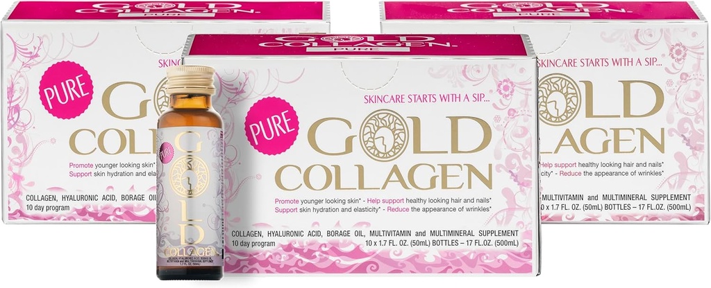 GOLD COLLAGEN Pure - Collagen Supplements for Women & Men with Biotin for Hair Growth, Skin and Nail - Anti Wrinkle Immune System Booster with Hyaluronic Acid, Vitamin C, B6 and Zinc, 3 Pack 10x50 ml