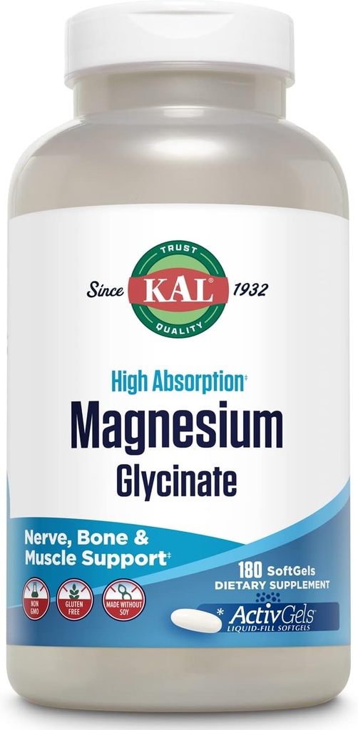 KAL Magnesium Glycinate ActivGels 315mg, Fuldt chelated, Høj Absorption Magnesiumtillæg til afslapning, Muskel & Knogler Support, Non- GMO, Gluten Free, 60 Servere, 180 Softgels