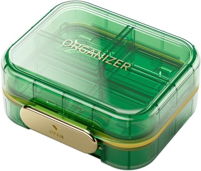 Lille rejsepille Organizer, 7 Compartments Pill Box, 1 Pack Daily Portable Pill Case at holde vitaminer, Lille Pill Container til Pocket Purse Medicine Organizer 124; Grøn