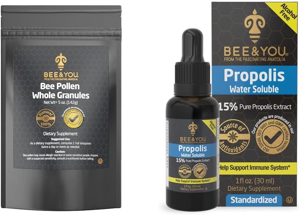 BEE og du Bundle, Bee Pollen Granules, 5oz Bag, med 100% Natural Propolis Extract Drops, Ultra Pure, immunsupporttillæg, Superfood, Antipxidants, Vitamin,