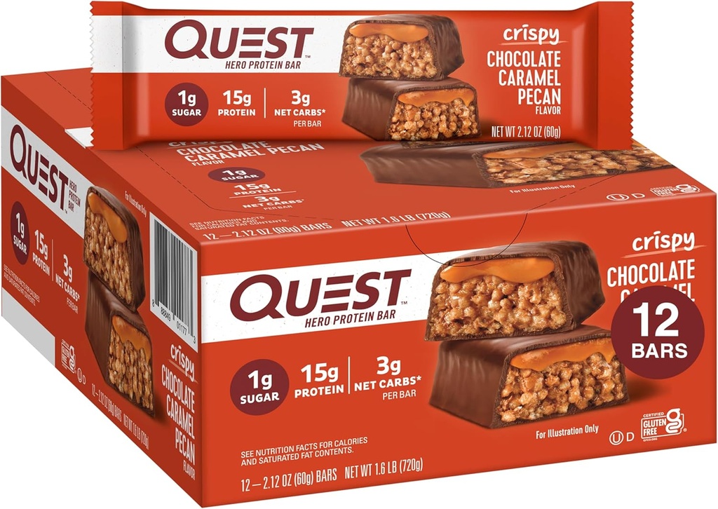 Quest Nutrition Crispy Chocolate Caramel Pecan Hero Protein Bar, 15g Protein, 1g Sukker, 3g Net Carb, Gluten Free Protein Snack, Keto Friendly, 12 Greve