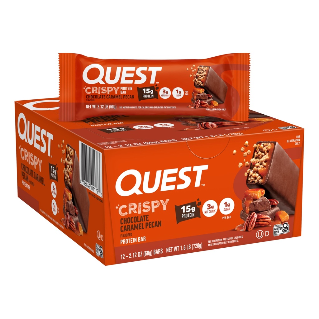 Quest Nutrition Crispy Chocolate Caramel Pecan Hero Protein Bar, 15g Protein, 1g Sukker, 3g Net Carb, Gluten Free Protein Snack, Keto Friendly, 12 Greve