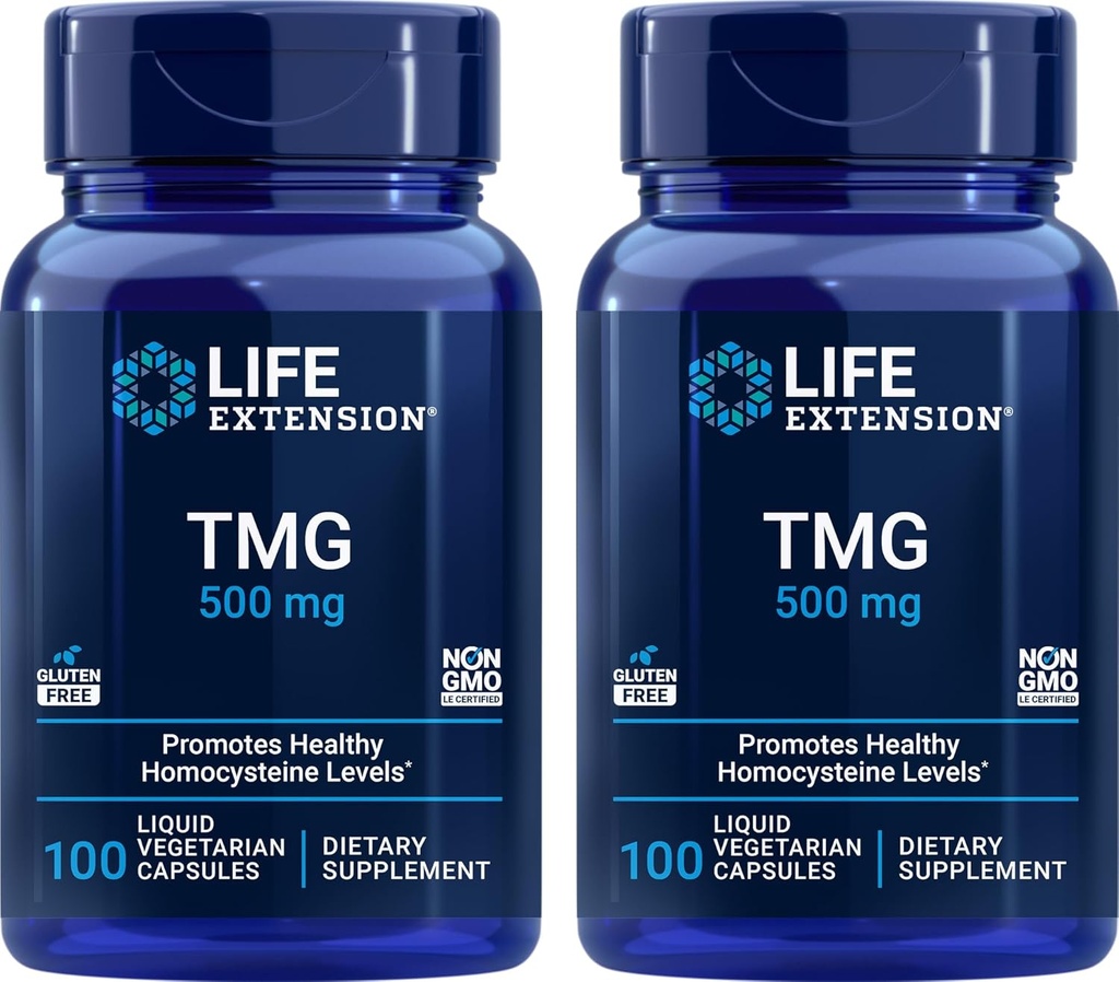 Life Extension TMG 500mg, 100 Flydende Veg Caps (pakke med 2) - Trimethylglycin (Glycin Betaine) Supplement - Gluten Free, Non- GMO, Vegetar