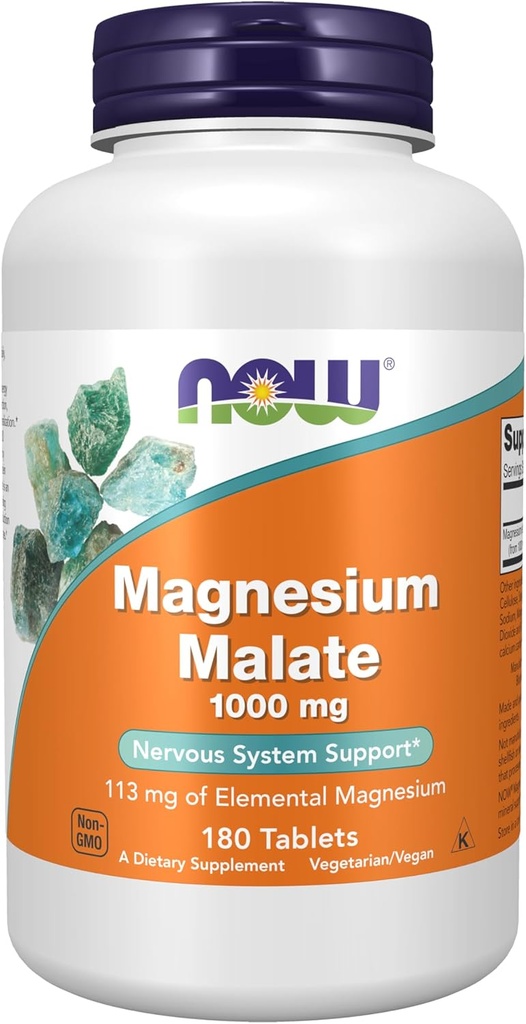 Now Foods Supplements, Magnesium Malate 1000 mg, Energy Production *, Nervesystemet Support *, 180 tabletter