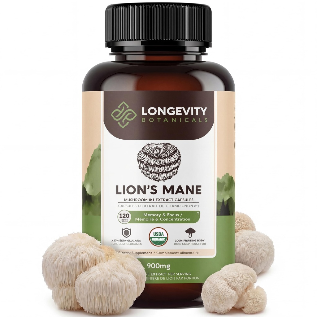Longevity Botanicals Organic Lion's Mane Mushroom Capsules Supplement Extract 120ct | Hericium Erinaceus Fruiting Body | ≥20% Beta-D-Glucans | 40 Servings of 900mg | Supports Cognitive & Gut Wellness