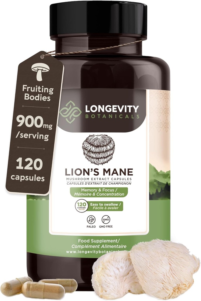 Organic Lions Mane Supplement kapsler (120) Note 124; Pure Fruiting Body 8: 1 High Strength Mushroom Extract 124; 20% Beta- D Glucans 124; 7,200mg rå Ækvivalent Per Serving 124; Fokus, Memory, Gut & Brain Support