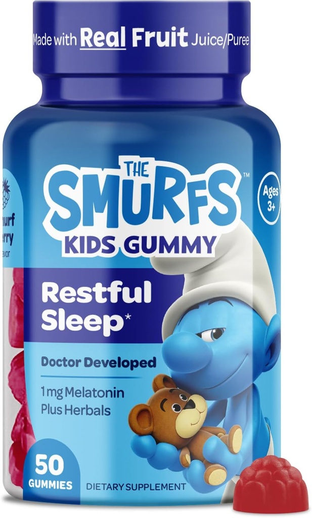 The Smurfs 1mg Melatonin Gummies for Kids with Chamomile & Lemon Balm for a Restful Sleep Age 3+ | Non-Habit Forming | Made with Real Fruit in a Smurf Berry | Doctor Developed | 50 Vegetarian Gummy