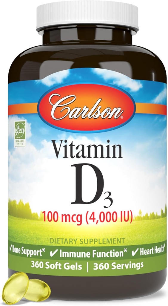 Carlson - D3- vitamin, 4000 IE (100 mcg), ben & immunforsvar, Cholecalciferol supplement, Gluten Free Vitamin D kapsler, 360 Softgels