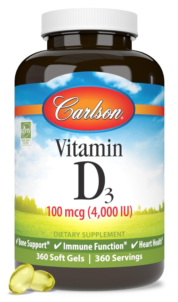 Carlson - D3- vitamin, 4000 IE (100 mcg), ben & immunforsvar, Cholecalciferol supplement, Gluten Free Vitamin D kapsler, 360 Softgels