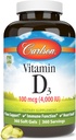 Carlson - D3- vitamin, 4000 IE (100 mcg), ben & immunforsvar, Cholecalciferol supplement, Gluten Free Vitamin D kapsler, 360 Softgels