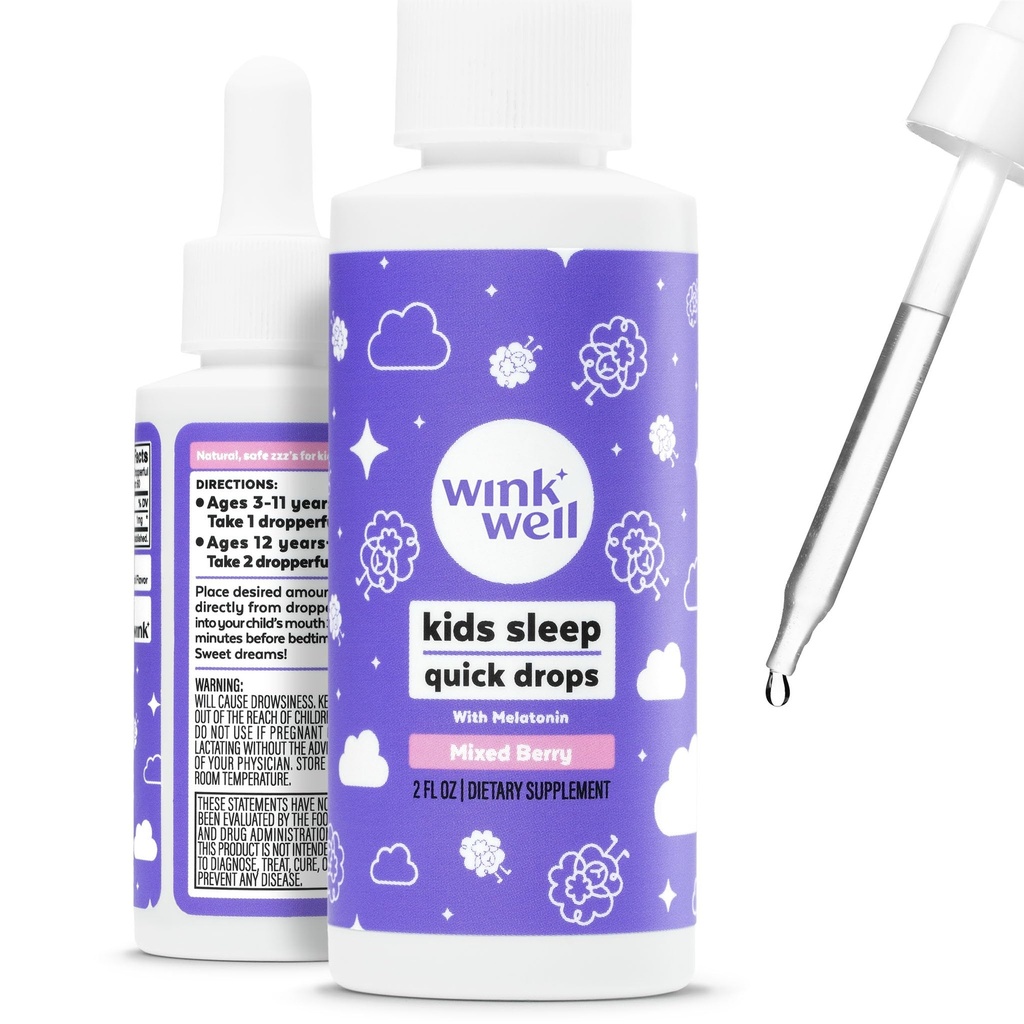 Wink Well Kids Flydende Melatonin Drops - Natural Baby Sleep Drops til Toddler Sleep Aid med 1mg Per Servering-Non- Addictive Children 's Liquid Melatonin - 2 Oz