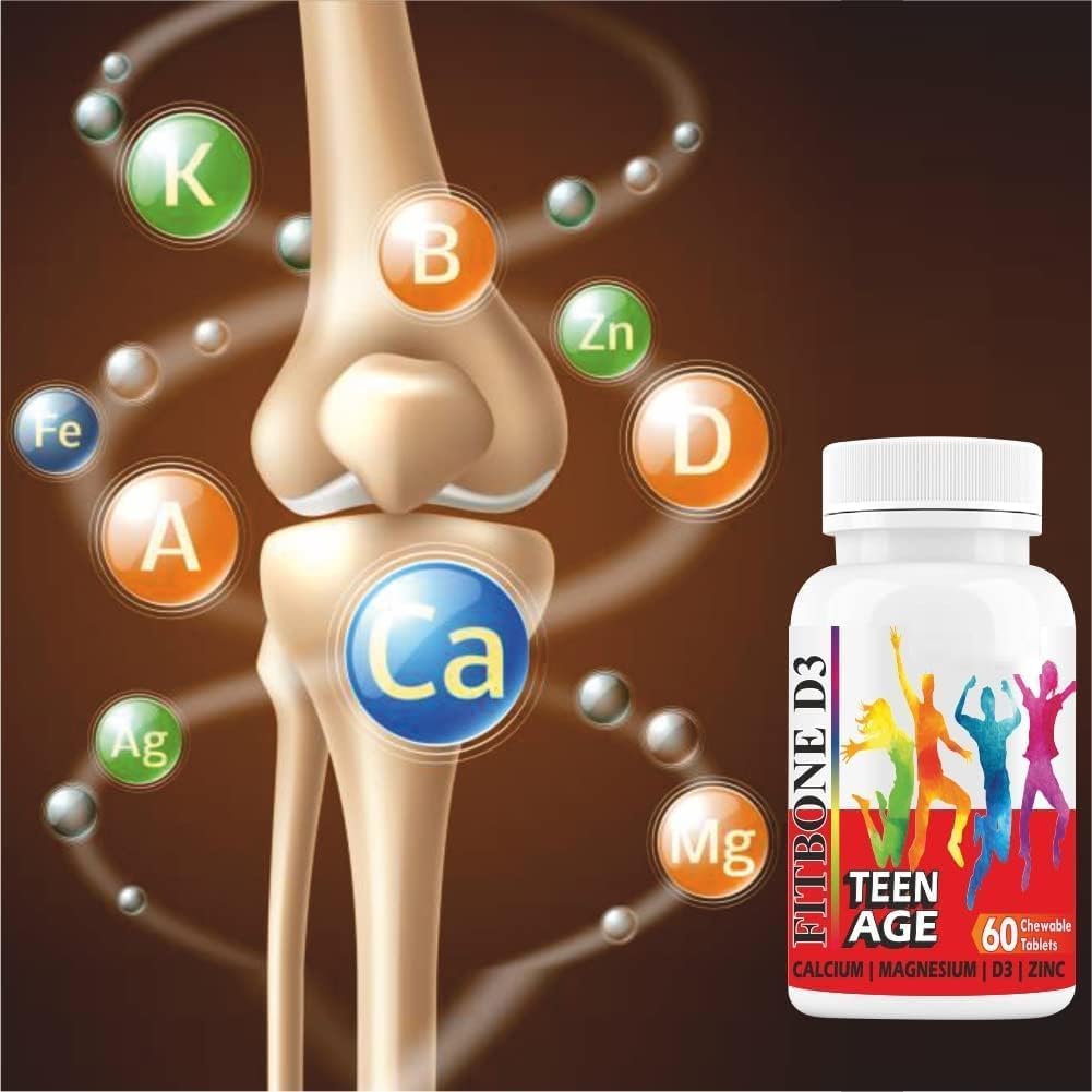 Minton Well- C Fitbone d3 Calcium til børn Teenagere med Magnesium Zink Vitamin D og B12 til stærke knogler124; Immunitet- 124; Vækst- 124; Højde (10- 16 År) -60 tyggetabletter