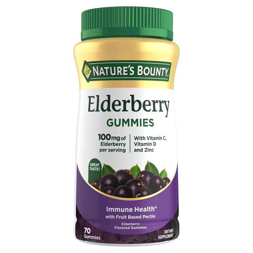 Nature 's Bounty Elderberry Gummies, Kosttilskud, understøtter immunforsvar, Indeholder vitamin A, C, D, E og zink, 100 mg, 70 Gummies