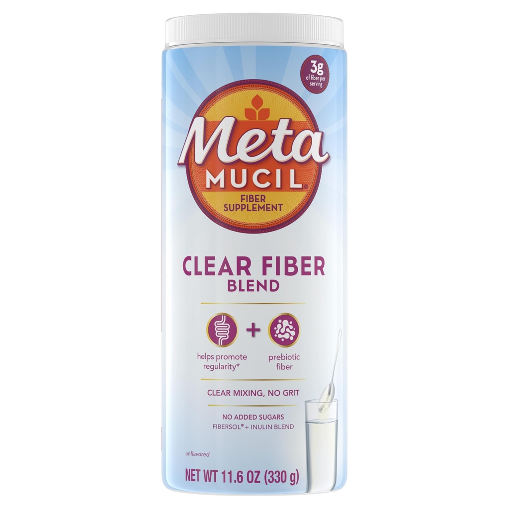 Metamucil Fiber Supplement, Unflavored Clear Mixing Powder, Ingen Grit, Ingen Sukker Tilføjet, Plant baseret Prebiotic Fiber Supplement Blend for Daglig fordøjelse, 75 teskefulde