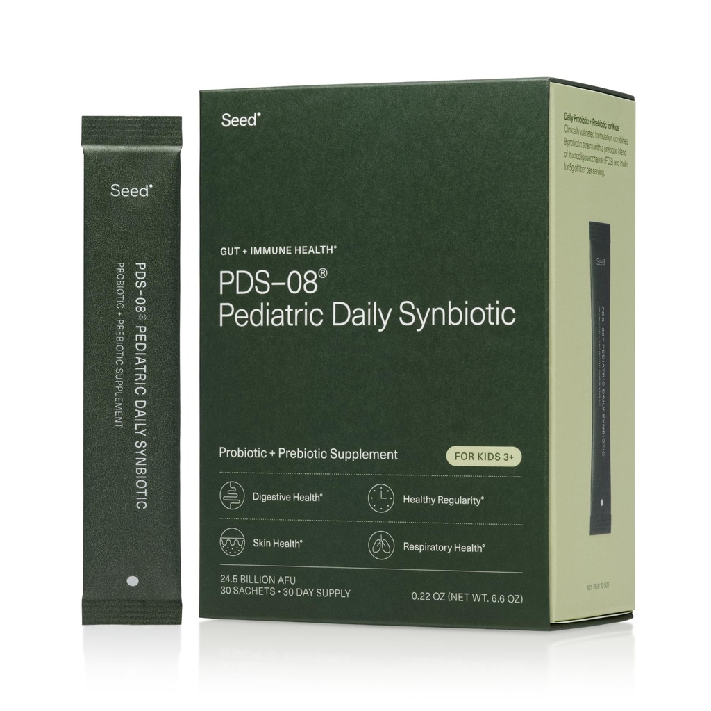 Sæd PDS- 08 Pædiatrisk Daily Synbiotic - Fiberbaseret Prebiotic & Probiotic for Kids - Fordøjelsessygdomme, regelmæssighed, Forstoppelse Relief - Age 3-17 - Vegan og Shelf- Stable - 30 Sachets (30-dages forsyning)